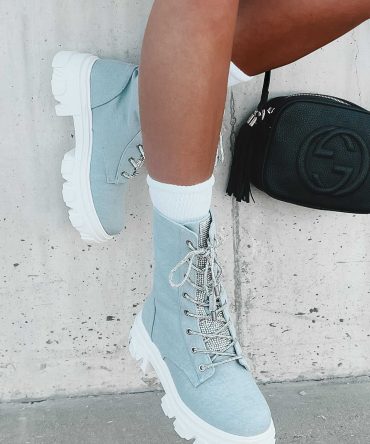 Marching On Rhinestone Lace-Up Combat Booties (Denim) · NanaMacs