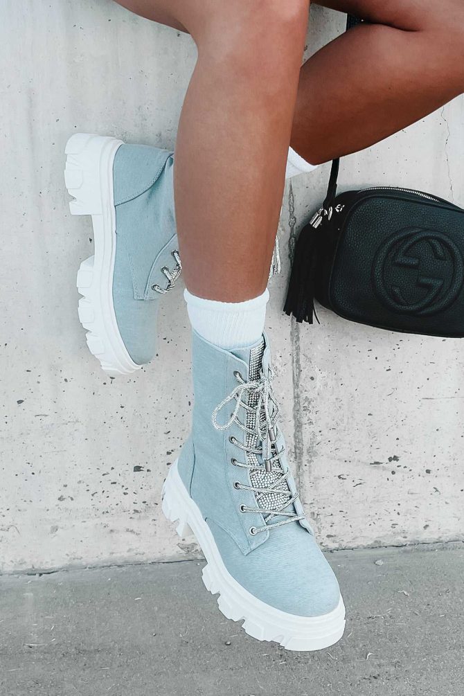 Marching On Rhinestone Lace-Up Combat Booties (Denim) · NanaMacs