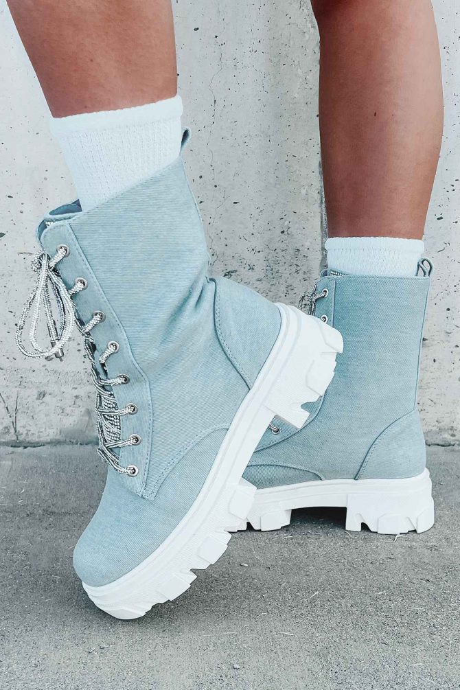 Marching On Rhinestone Lace-Up Combat Booties (Denim) · NanaMacs - Image 3