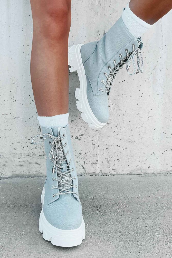 Marching On Rhinestone Lace-Up Combat Booties (Denim) · NanaMacs - Image 4