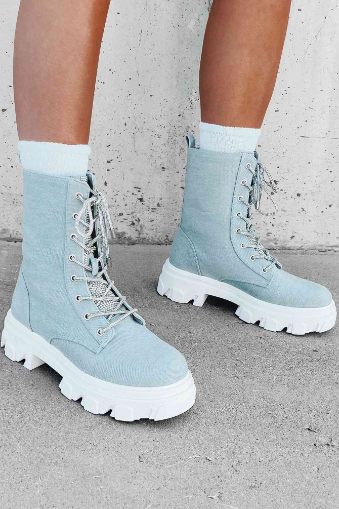 Marching On Rhinestone Lace-Up Combat Booties (Denim) · NanaMacs - Image 2