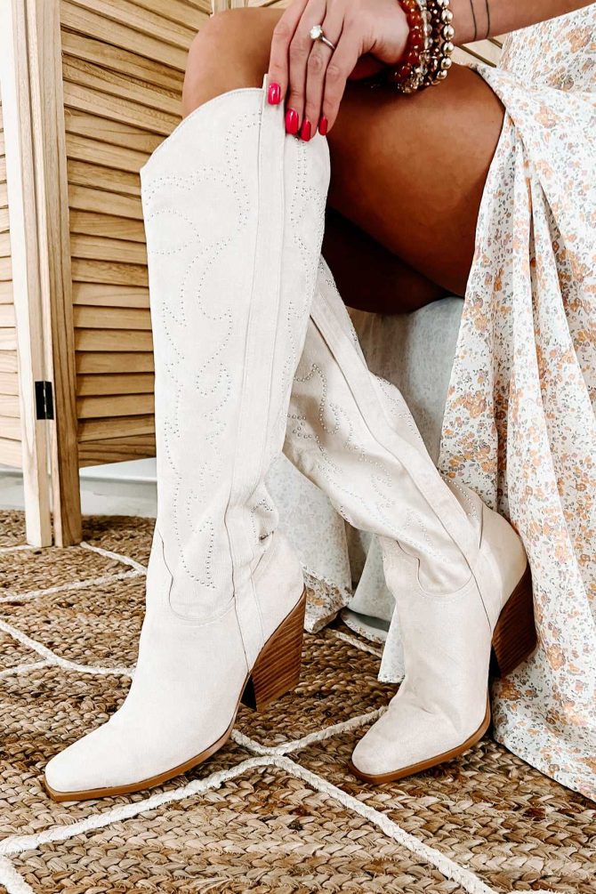 Celara Faux Suede Studded Billini Cowboy Boots (Cream Suede) · NanaMacs