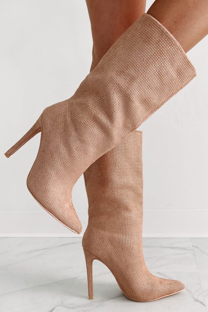 High Voltage Heeled Rhinestone Booties (Beige) · NanaMacs