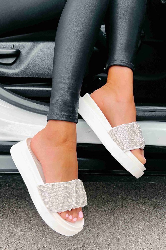Don't Speak To Me Rhinestone Platform Slide Sandals (White) · NanaMacs - Image 3