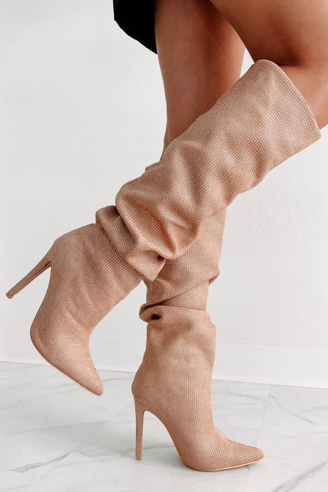 Shock & Awe Slouchy Rhinestone Boots (Beige) · NanaMacs