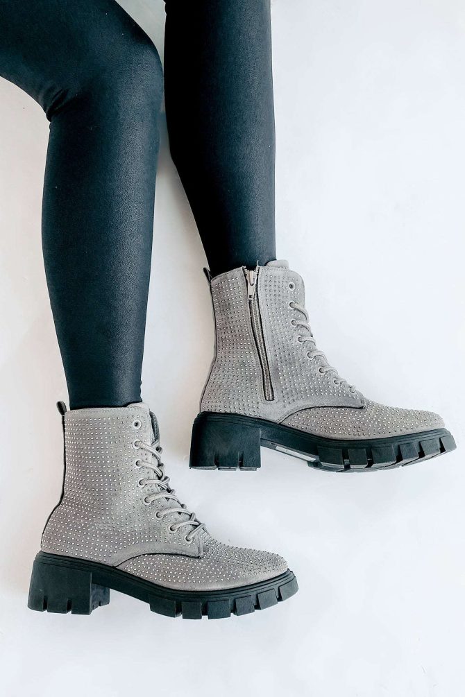 Spunky Sweetie Rhinestone Combat Boots (Silver) · NanaMacs - Image 3
