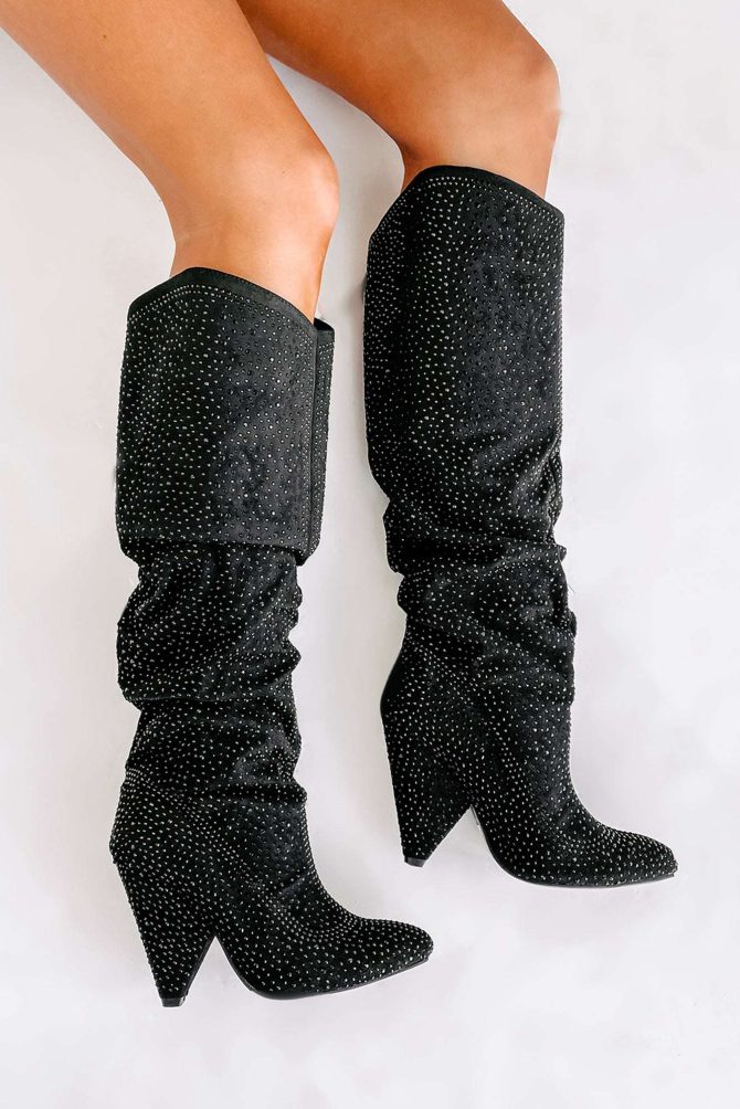 Levitate Rhinestone Knee High Slouchy Boots (Black) · NanaMacs - Image 2