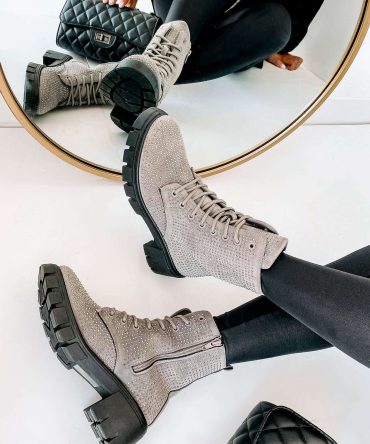 Spunky Sweetie Rhinestone Combat Boots (Silver) · NanaMacs