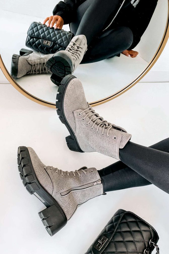 Spunky Sweetie Rhinestone Combat Boots (Silver) · NanaMacs