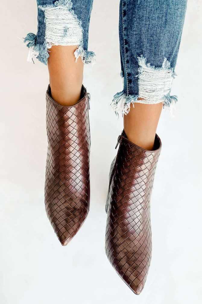 Tabby Faux Leather Woven Textured Booties (Brown) · NanaMacs - Image 3