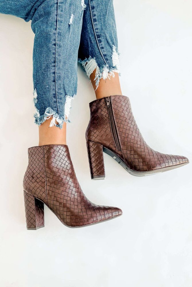 Tabby Faux Leather Woven Textured Booties (Brown) · NanaMacs - Image 2