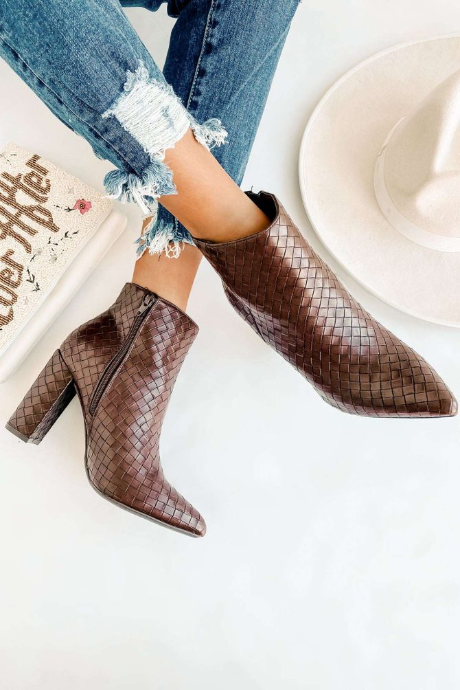 Tabby Faux Leather Woven Textured Booties (Brown) · NanaMacs