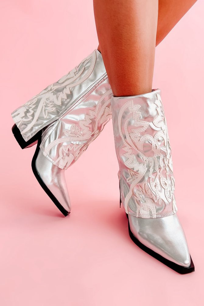Esperanza Western Stitch Metallic Fold-Over Boots (Silver) · NanaMacs - Image 3