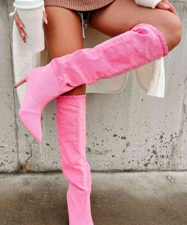 My Single Days Heeled Denim Boots (Pink Denim) · NanaMacs