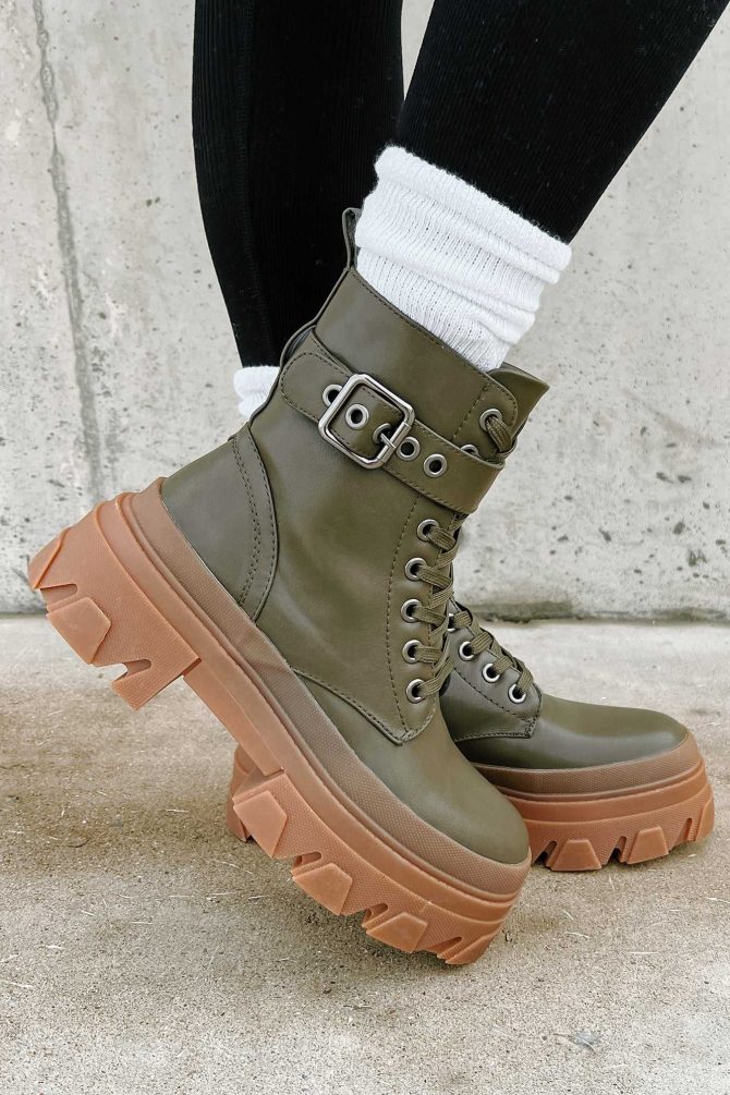 Chain Of Command Faux Leather Combat Booties (Olive) · NanaMacs - Image 4