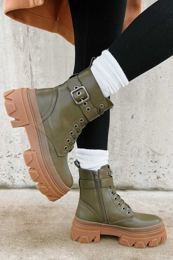 Chain Of Command Faux Leather Combat Booties (Olive) · NanaMacs - Image 2