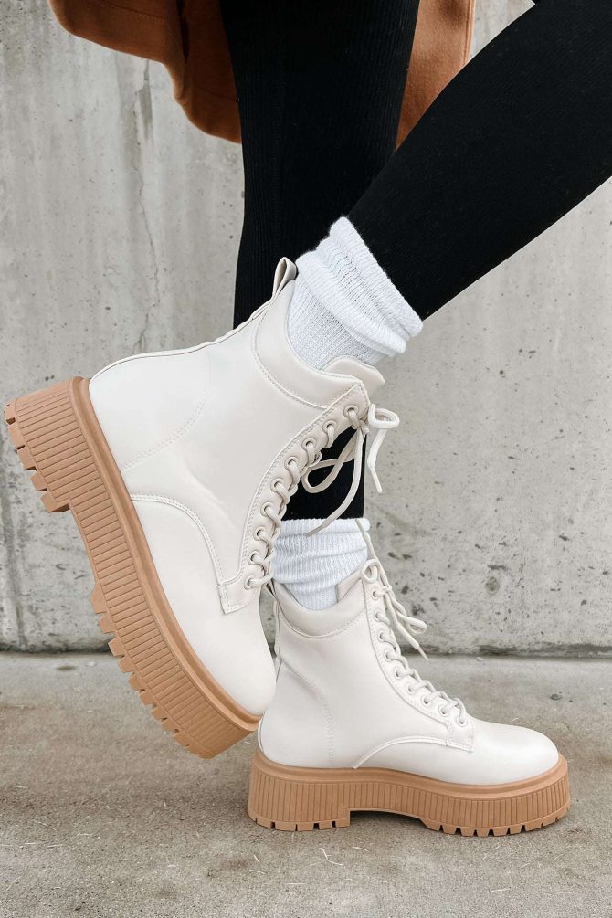 Rough Crowd Faux Leather Lug Sole Combat Boots (Off White) · NanaMacs - Image 2