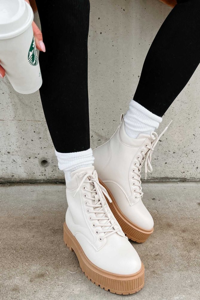 Rough Crowd Faux Leather Lug Sole Combat Boots (Off White) · NanaMacs - Image 4