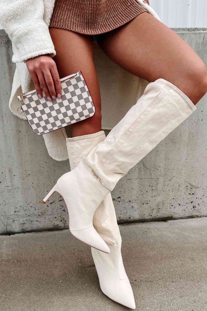 My Single Days Heeled Denim Boots (Beige Denim) · NanaMacs